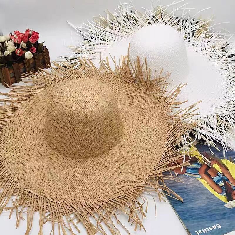 Straw Hat Factory - Women Tassel Straw Hat Wide Brim Foldable Summer