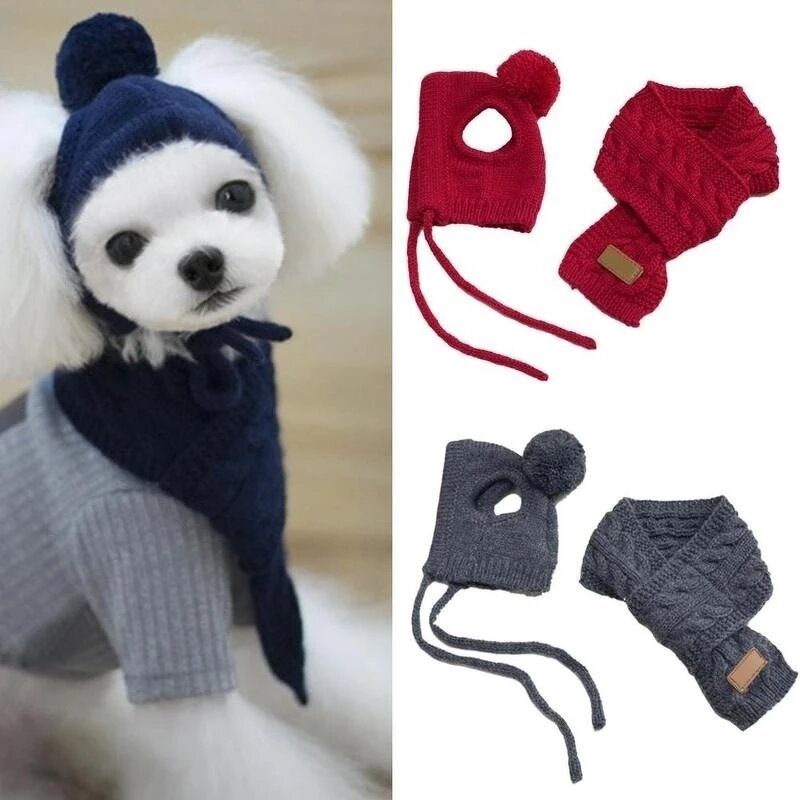 Pet Hat Set Supplier - Winter Warm Stripes Knitted Hat Scarf Set for Dog