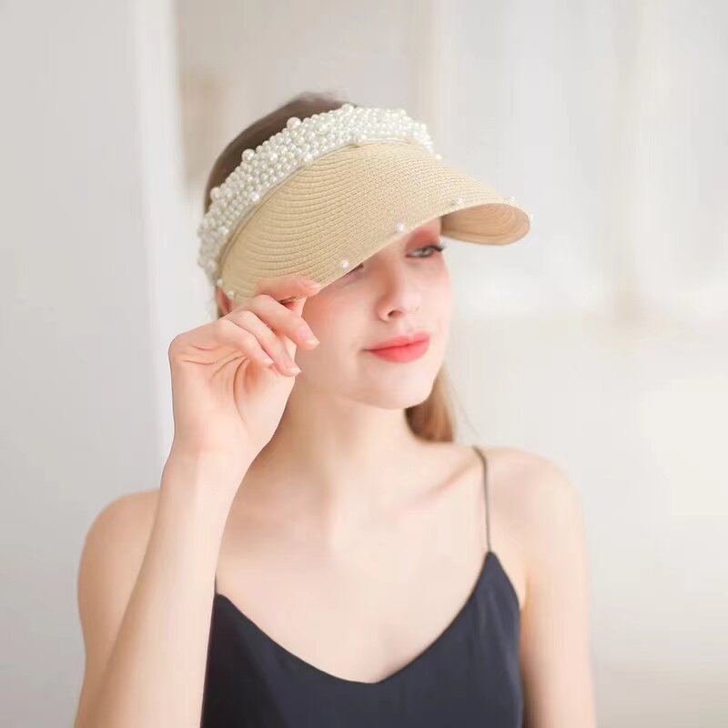 Straw Hat Supplier - Women Visor Beach Packable Straw Hat Summer with Pearl