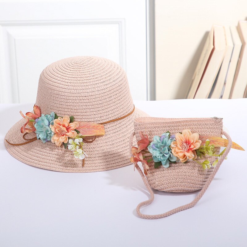 Sun Hat Set Factory - Children Straw Hat Lace Flower Bow Beach Two Piece