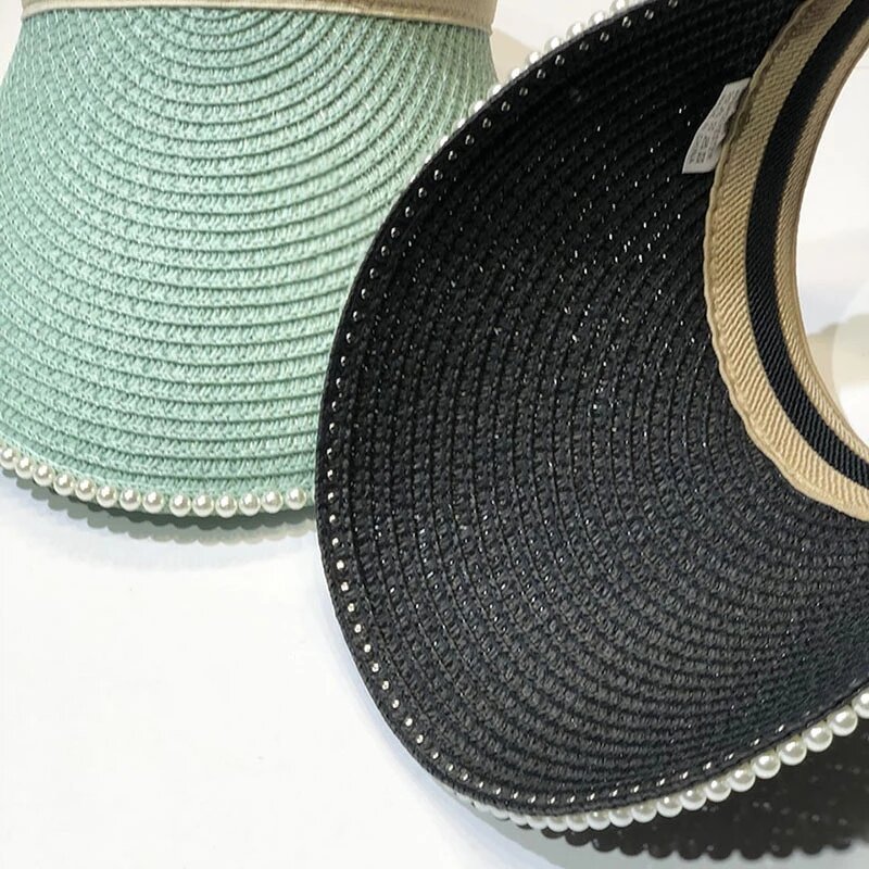 Sun Visor Manufacturer - Women Sun Visor Foldable Roll up Straw Hat Pearl