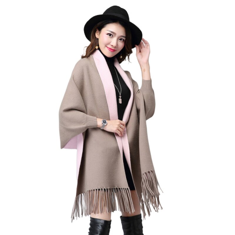 Poncho Manufacturer - Winter Loose Knitted Tassel Poncho Batwing Sleeve