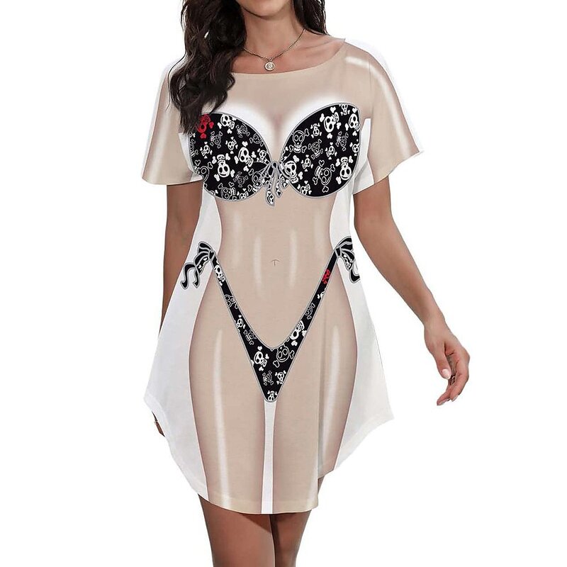 Tshirt Dress Supplier - Women Bikini Print Funny Short Sleeve Loose Beach Dress