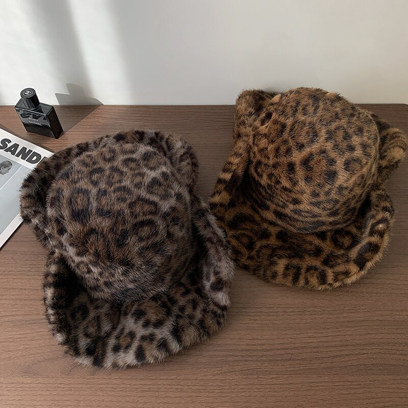 Fedora Hat Factory - Winter Plush Faux Leopard Print Fur Hat for Women