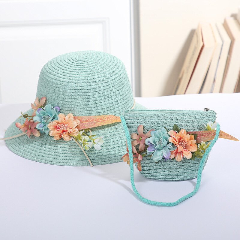 Sun Hat Set Factory - Children Straw Hat Lace Flower Bow Beach Two Piece