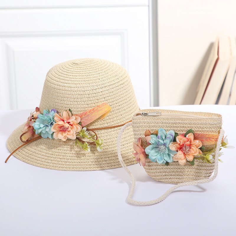 Sun Hat Set Factory - Children Straw Hat Lace Flower Bow Beach Two Piece