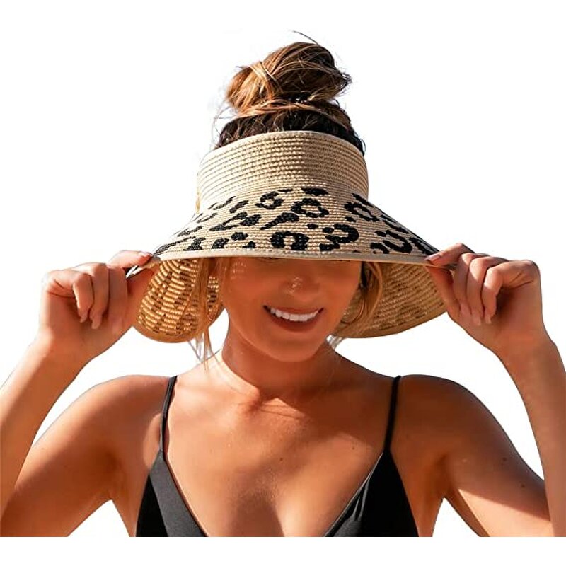 Straw Hat Factory - Women Summer Breathable Leopard Straw Foldable Hat