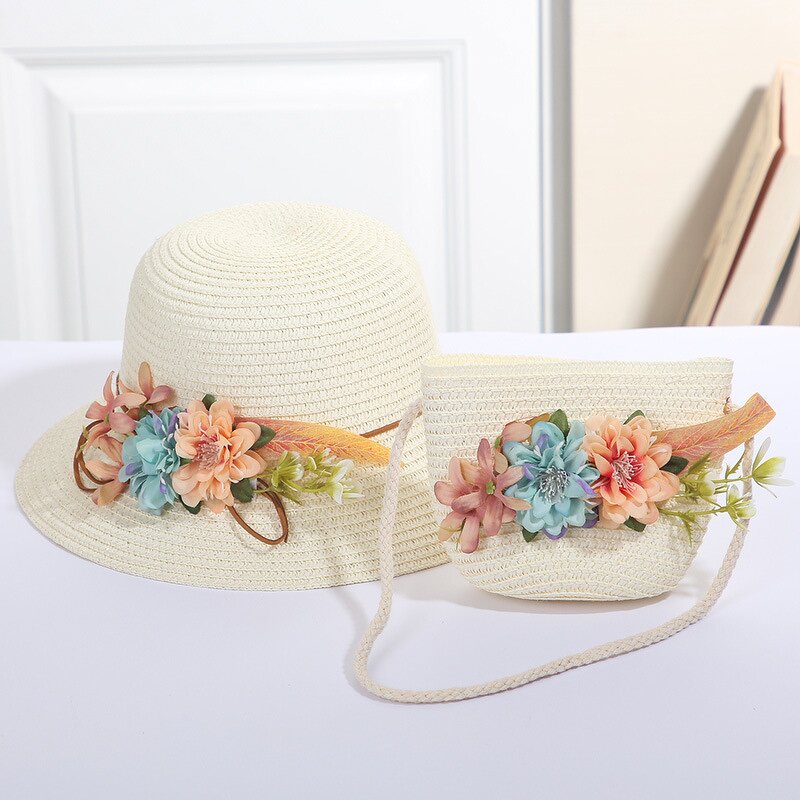 Sun Hat Set Factory - Children Straw Hat Lace Flower Bow Beach Two Piece