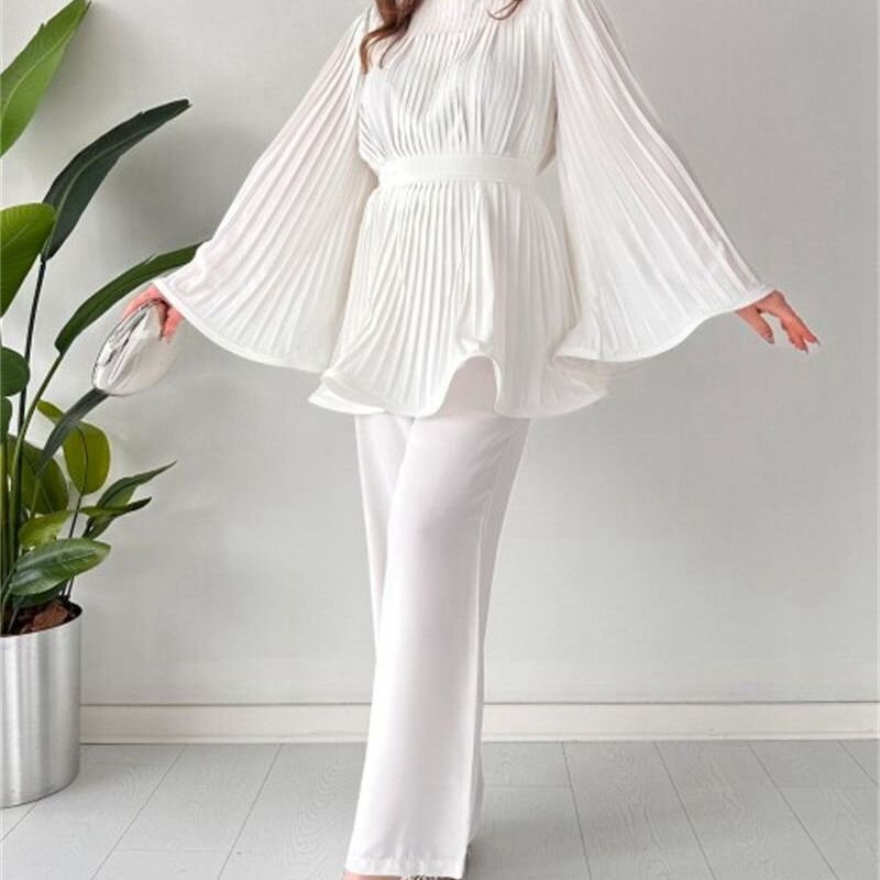 Tops Set Manufacturer - Women Solid Color Casual Loose Flared Sleeve Set