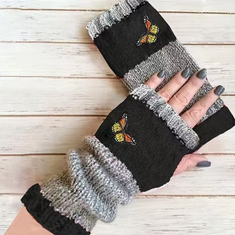Fingerless Gloves Factory - Winter Knitted Thermal Patchwork Embroidered Mittens