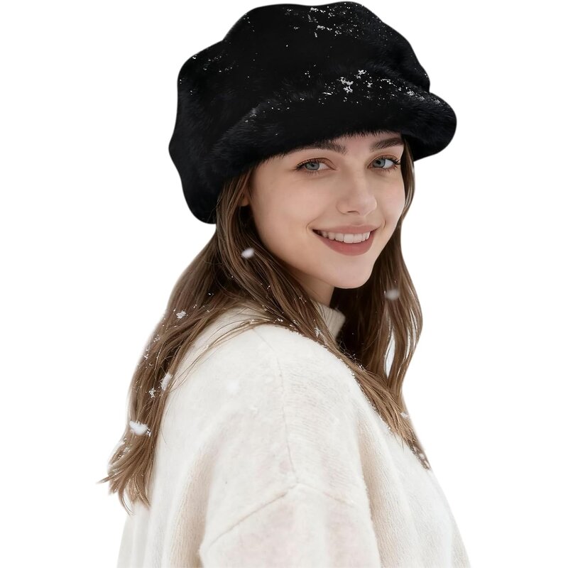 Newsboy Hat Factory - Women Winter Faux Fur Warm Plush Beret Hat Outdoor