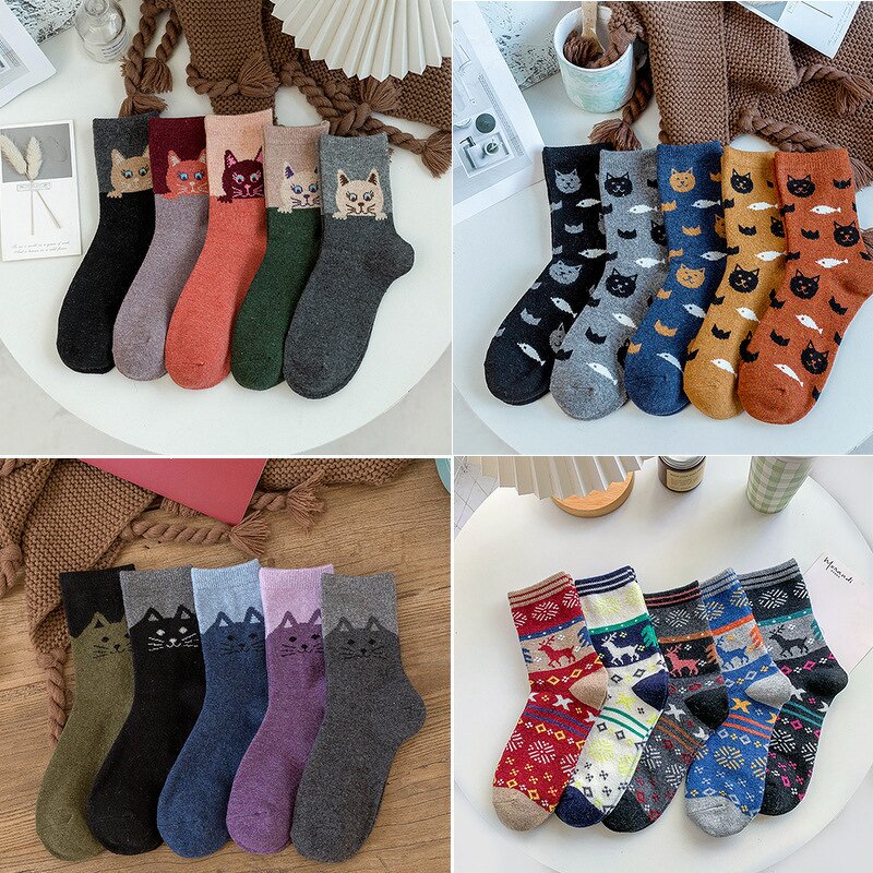 Women Socks Factory - Winter Cute Cat Animal Pattern Folk Thick Warm Socks