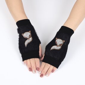Fingerless Gloves Factory - Women Winter Mink Fur Rhinestone Fox Design Gloves