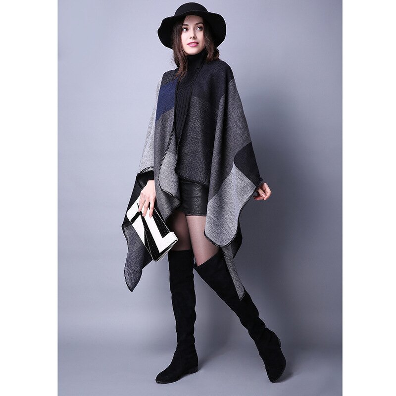 Poncho Manufacturer - Women Plaid Sweater Poncho Travel Imitation Cashmere