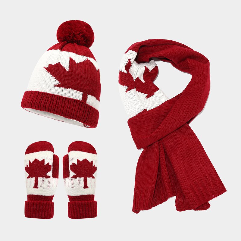 Knit Hat Set Factory - Canadian Themed Maple Leaf Scarf Gloves Set