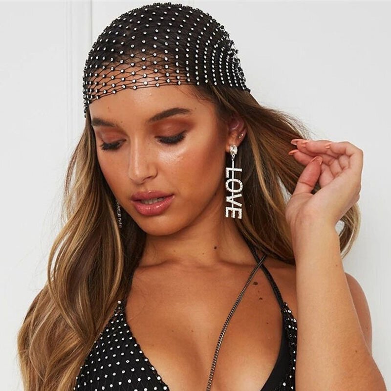 Head Scarf Factory - Fishnet Plaid Bling Rhinestone Hollow Out Head Scarf