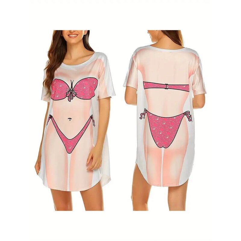 T Shirt Supplier - Women Bikini Print Funny Short Sleeve Loose Swimwear Cover