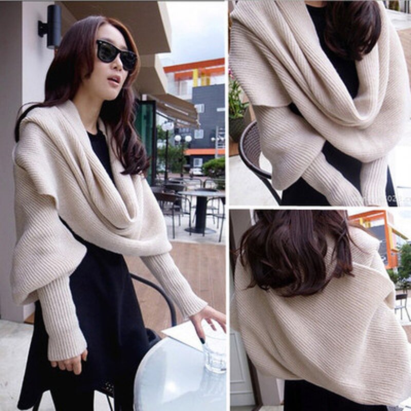 Scarf Factory - Winter Warm Knitted Long Thick Shawl with Sleeve Wrap