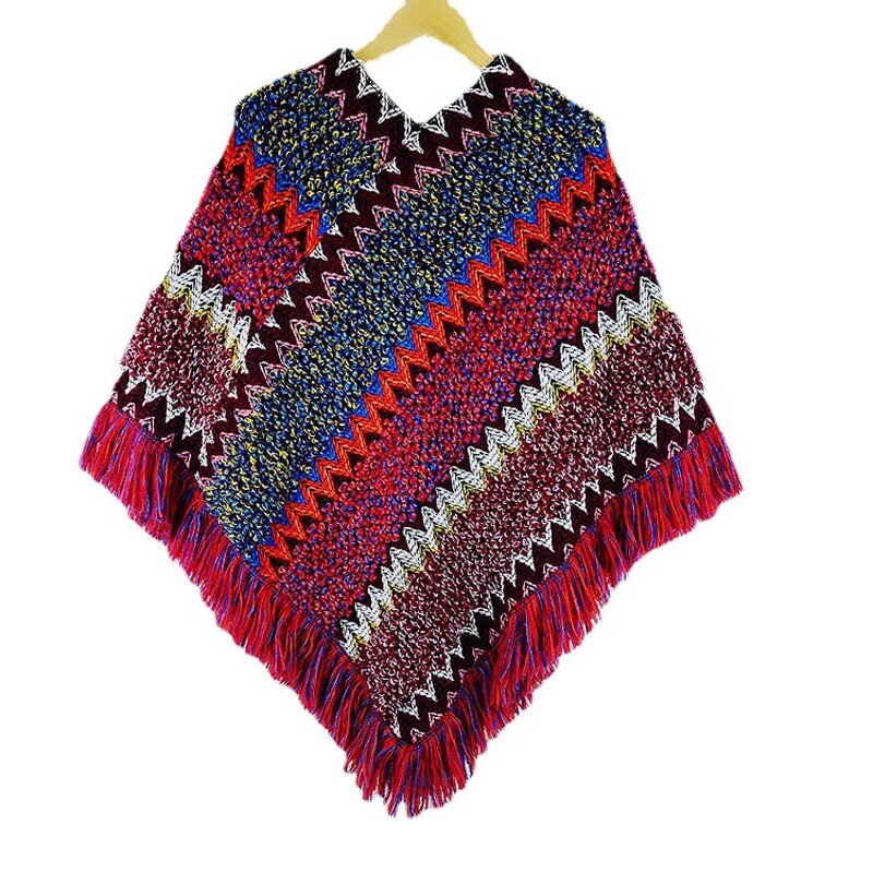 Poncho Factory - Women Knitting Bohemian Poncho Cape Tassel Winter Cloak