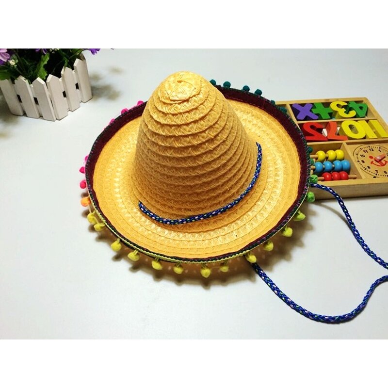 Sombrero Factory - Kids Mexican Party Pompom Straw Hat with Fixed Rope