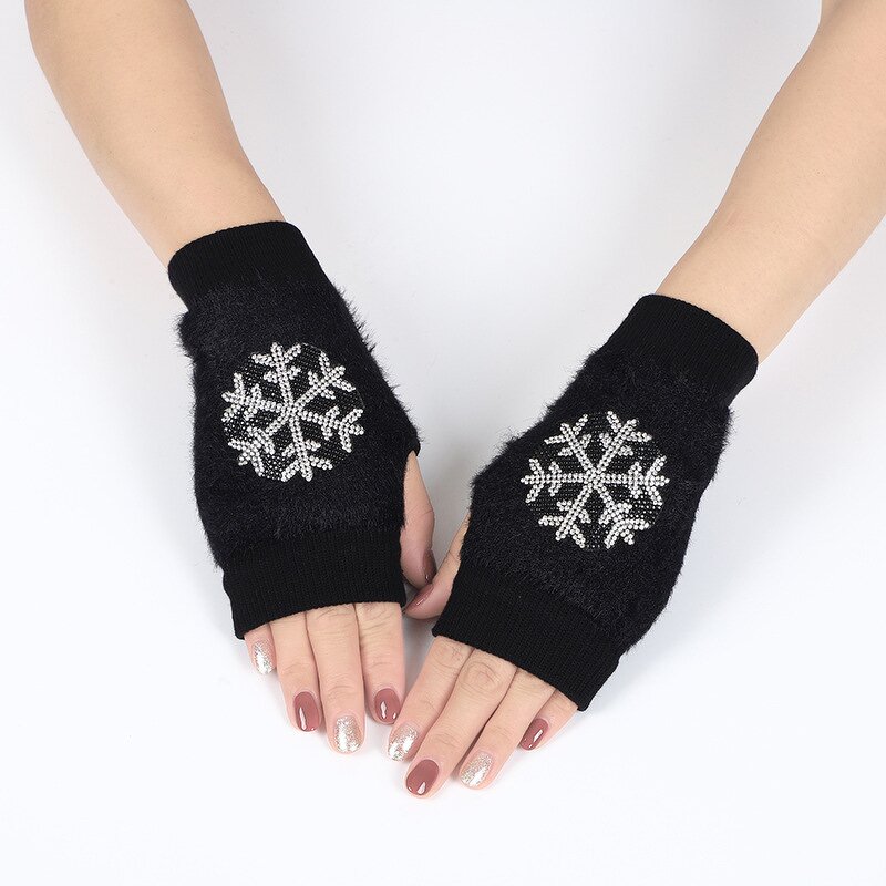 Fingerless Gloves Factory - Women Winter Mink Fur Rhinestone Fox Design Gloves