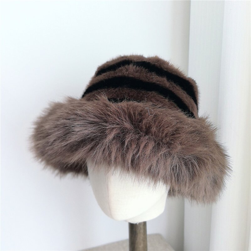 Bucket Hat Supplier - Fuzzy Stripped Bucket Hat for Women Outdoor
