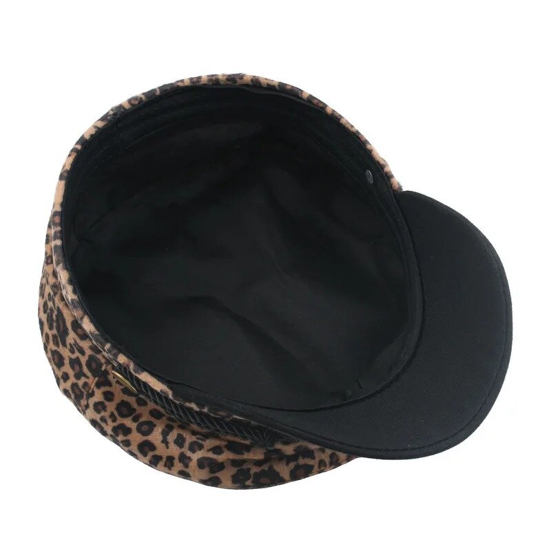 Beret Hat Supplier - Vintage Leopard Print PU Leather Flat Top Cap