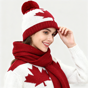 Knit Hat Set Factory - Canadian Themed Maple Leaf Scarf Gloves Set