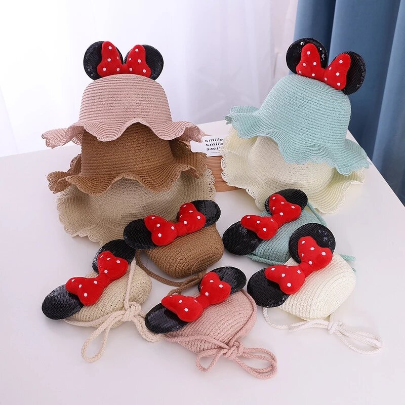 Sun Hat Set Factory - Summer Girl Straw Hat Bag Set Cartoon Ear Red Bow