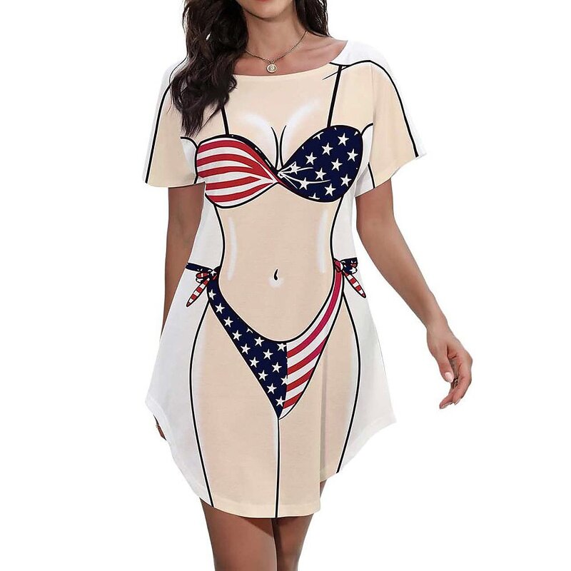 Tshirt Dress Supplier - Women Bikini Print Funny Short Sleeve Loose Beach Dress