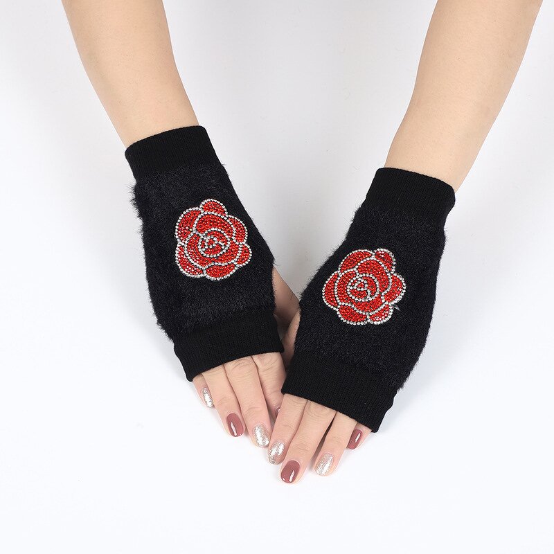 Fingerless Gloves Factory - Women Winter Mink Fur Rhinestone Fox Design Gloves