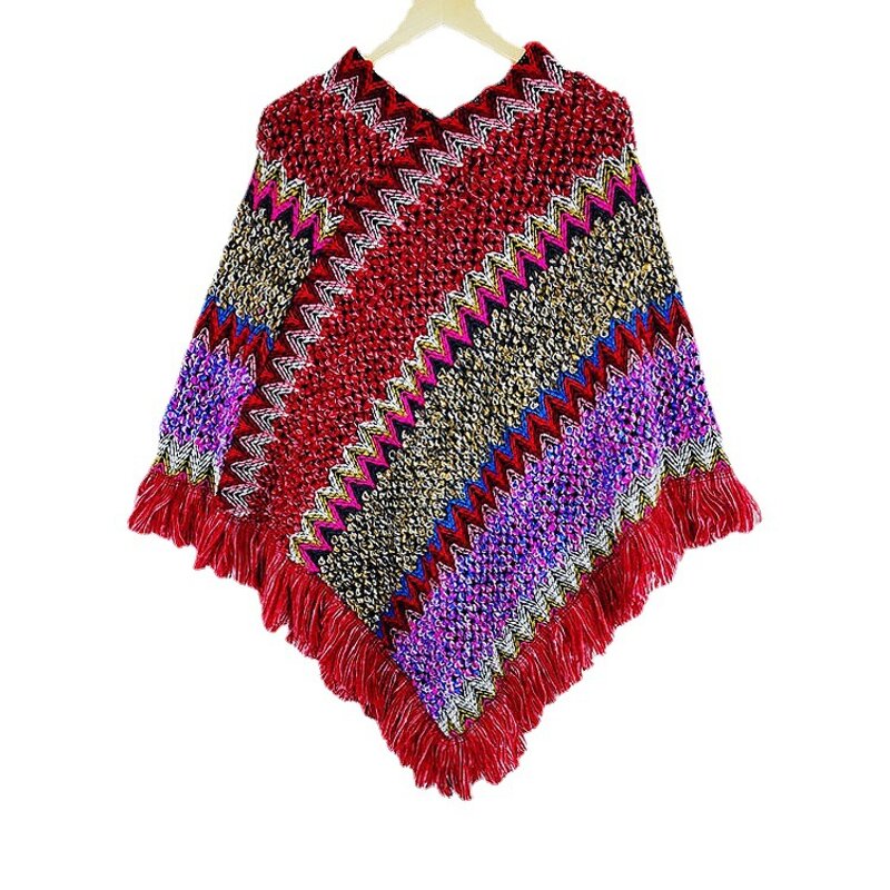 Poncho Factory - Women Knitting Bohemian Poncho Cape Tassel Winter Cloak