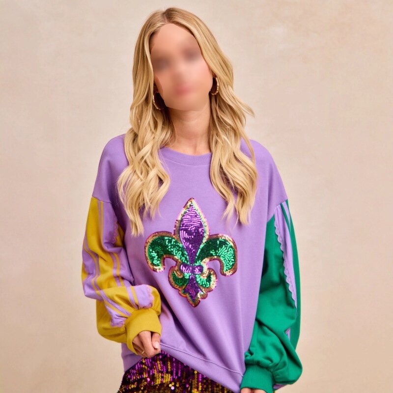 Sequin Sweatshirt Manufacturer - Mardi Gras Fleur-De-Lis Block