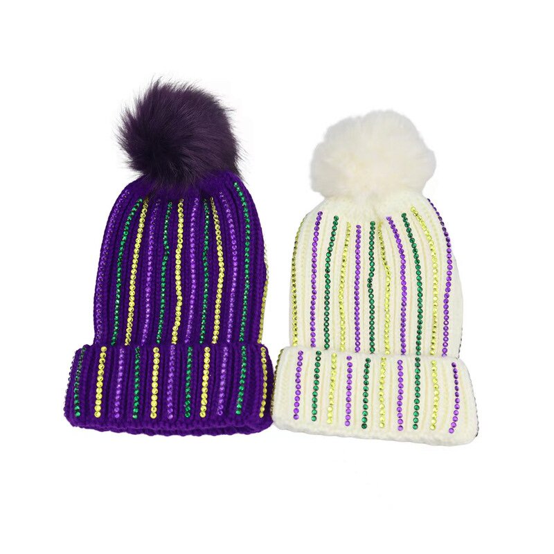 Mardi Gras Beanie Supplier - Rhinestone Pearl Pom Pom