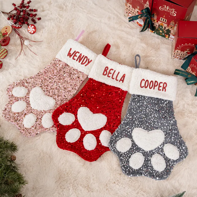 Pet Christmas Stockings Factory - Custom Sequin Paw Glitter