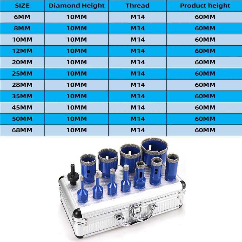 Diamond Drill Bit Set Supplier - 12pcs 6-68mm M14 Vacuum Brazed