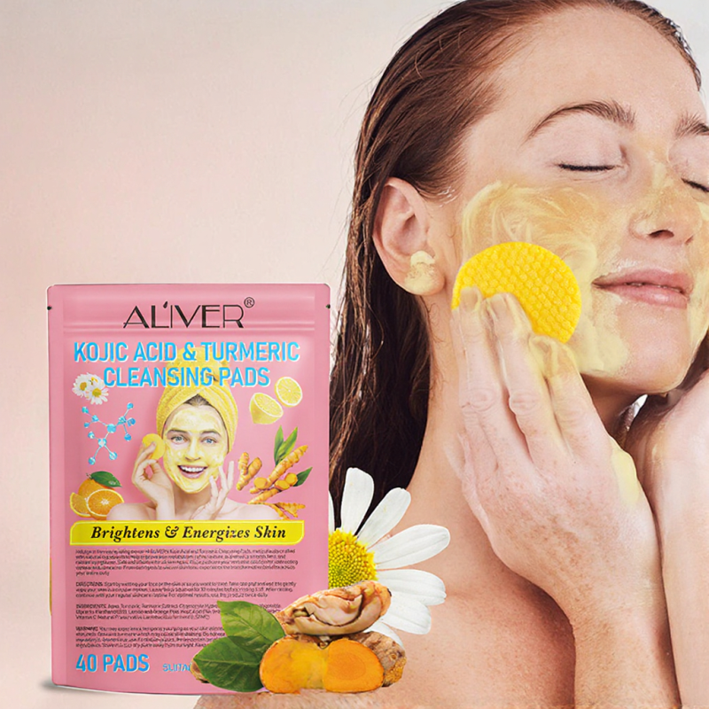 Private Label Natural Skin Brightening Cotton Pads Kojic Acid and Turmeric Cleansing for Face Dark Spots Facial Care