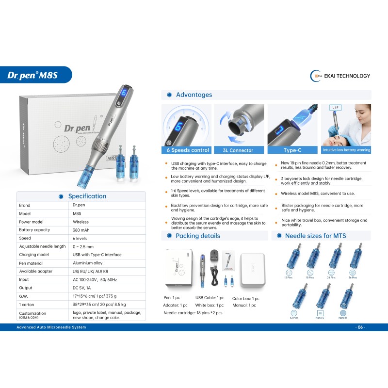 Microneedling Dr Pen M8S Needles Electric Derma Pen USB Rechargeable Nano Microneedle Instrument