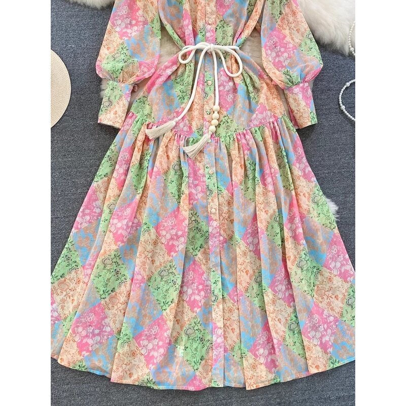 Chiffon Dress Supplier - French Floral Lace-up Bow Collar