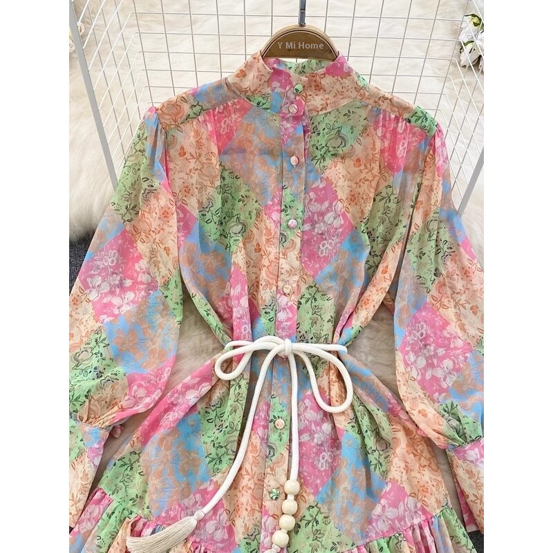 Chiffon Dress Supplier - French Floral Lace-up Bow Collar