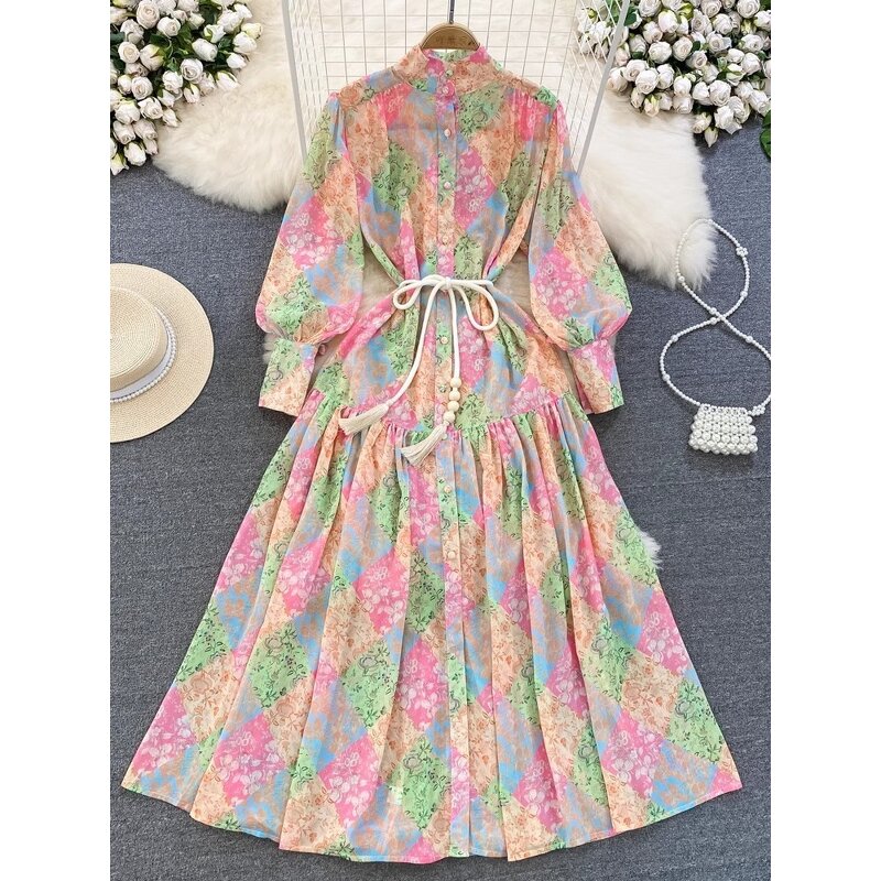 Chiffon Dress Supplier - French Floral Lace-up Bow Collar