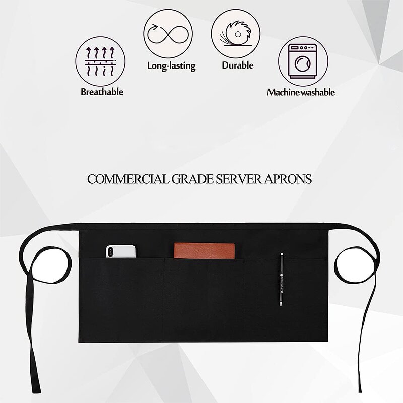 Polyester Half Aprons Factory - 12 Pcs Black 3 Pockets Waiters Restaurants Hairdressers