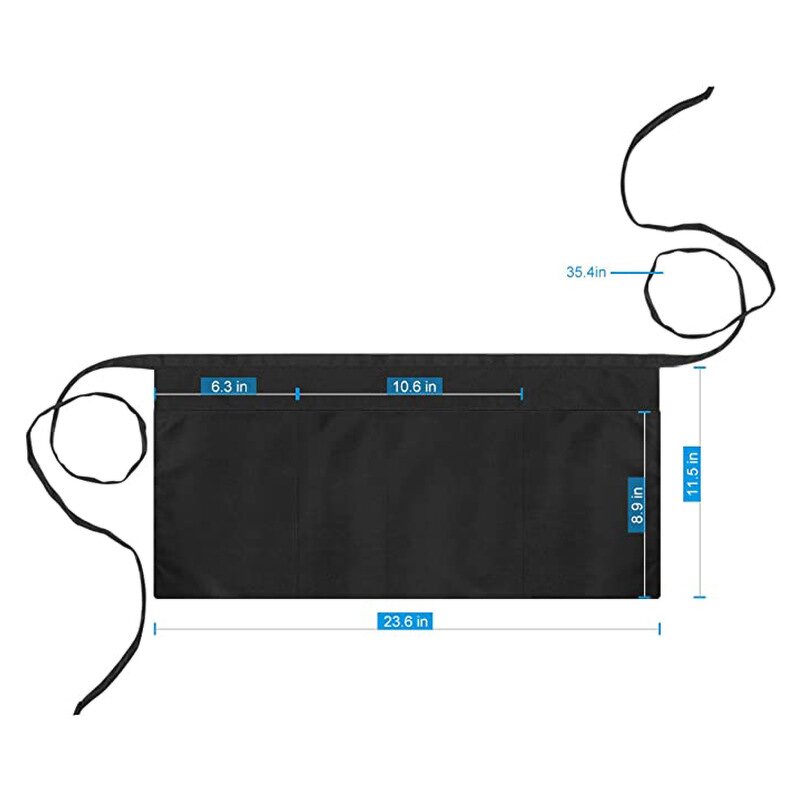 Polyester Half Aprons Factory - 12 Pcs Black 3 Pockets Waiters Restaurants Hairdressers