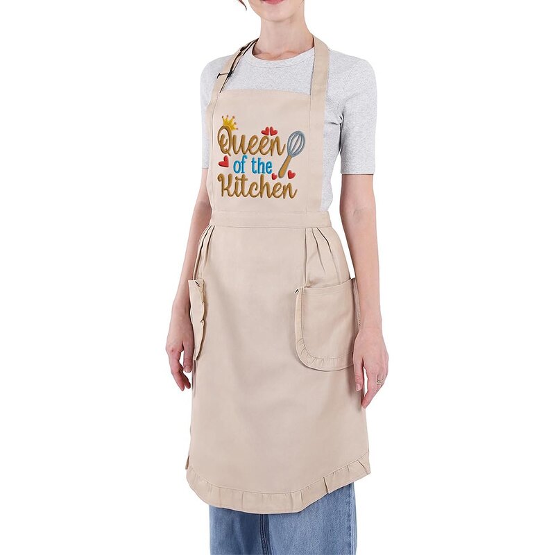Cute Canvas Apron Supplier - Two Pockets Ruffled Trim Adjust Waistline Coffee