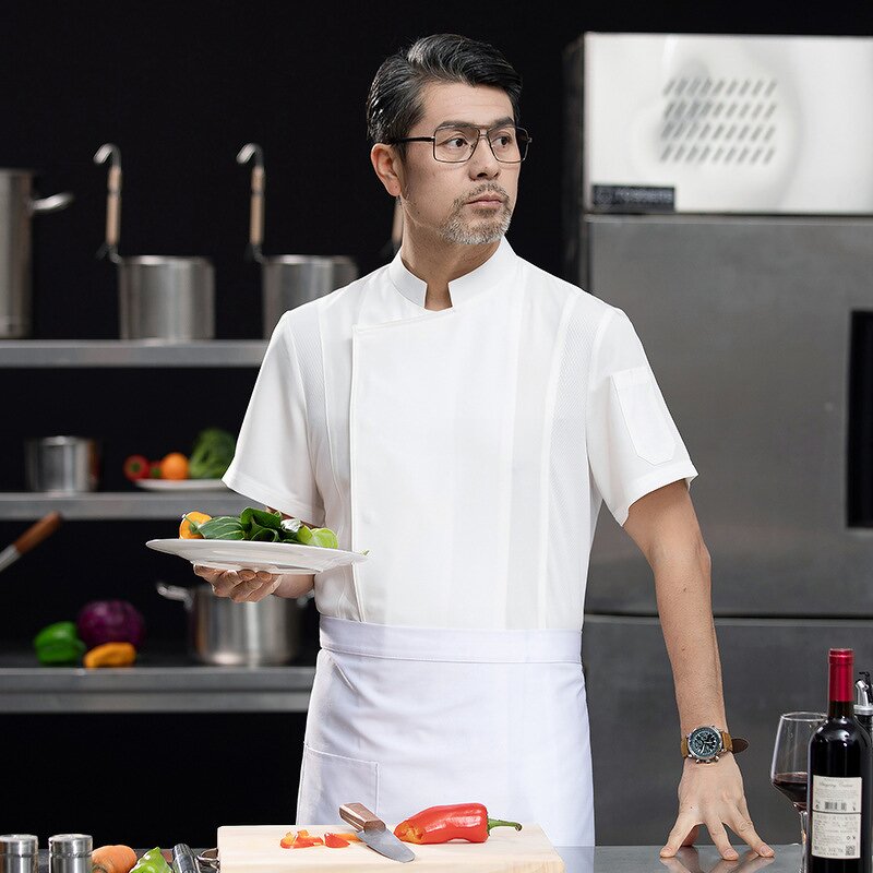 Chef Shirt Factory - White Cotton Men's Solid Color Short Sleeve Collar