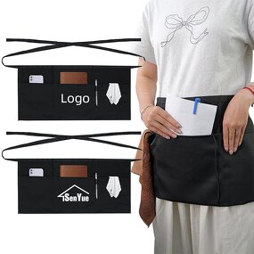 Polyester Half Aprons Factory - 12 Pcs Black 3 Pockets Waiters Restaurants Hairdressers