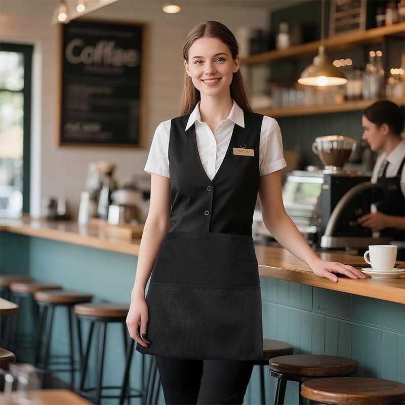 Polyester Half Aprons Factory - 12 Pcs Black 3 Pockets Waiters Restaurants Hairdressers