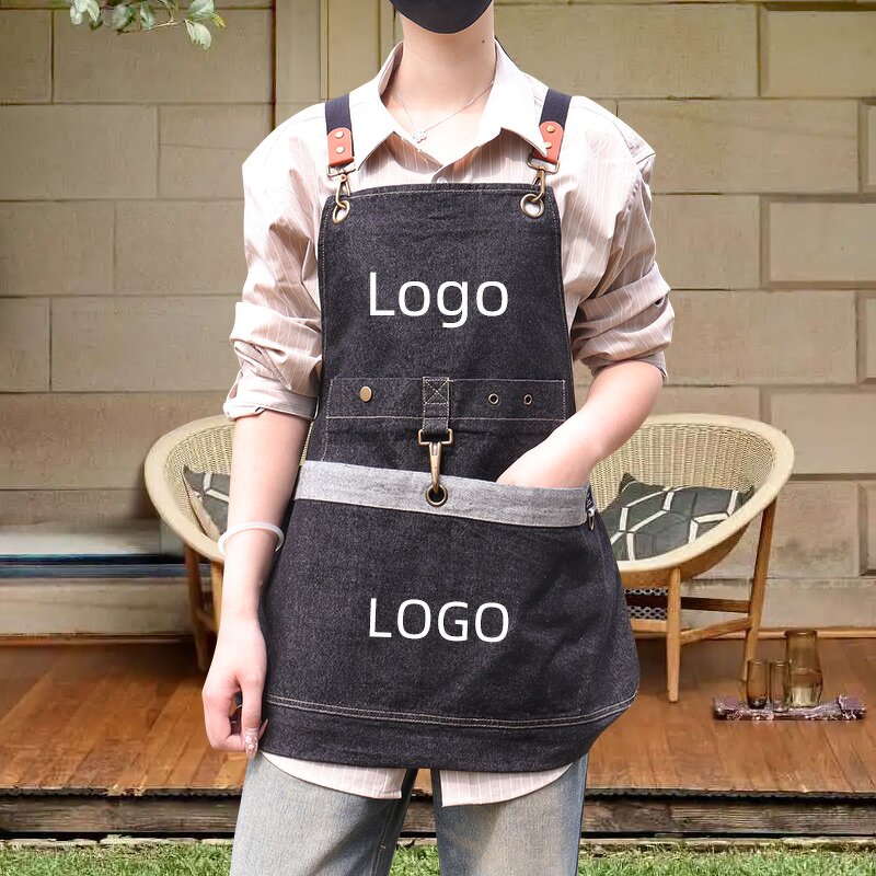 Denim Apron Supplier - Black Large Pocket Adjustable Webbed Coffee Shop Custom
