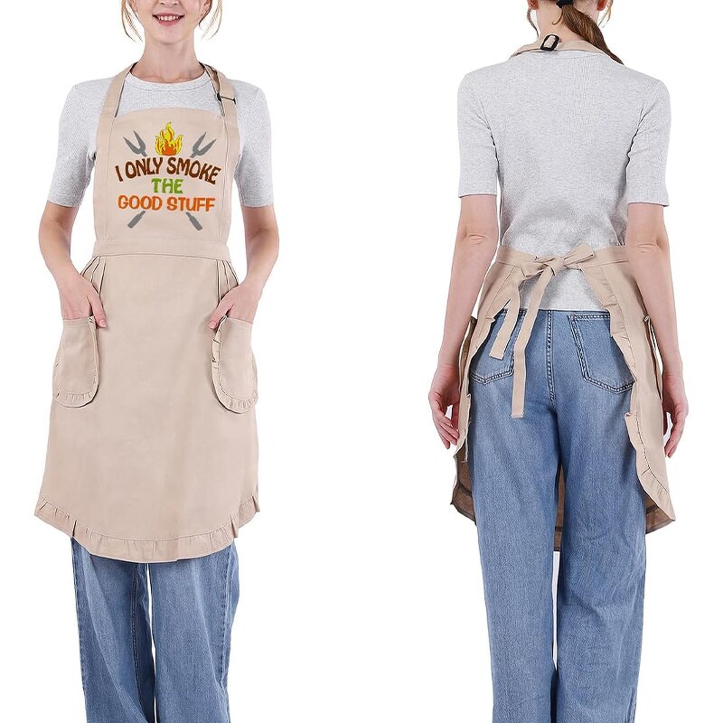 Cute Canvas Apron Supplier - Two Pockets Ruffled Trim Adjust Waistline Coffee