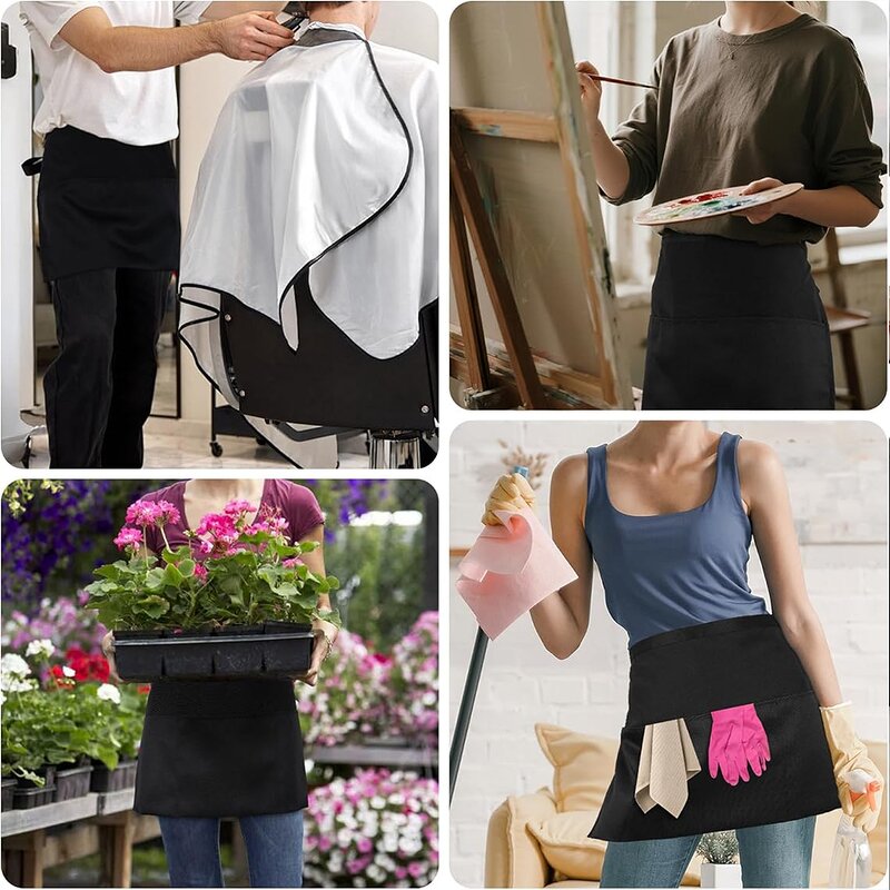 Polyester Half Aprons Factory - 12 Pcs Black 3 Pockets Waiters Restaurants Hairdressers